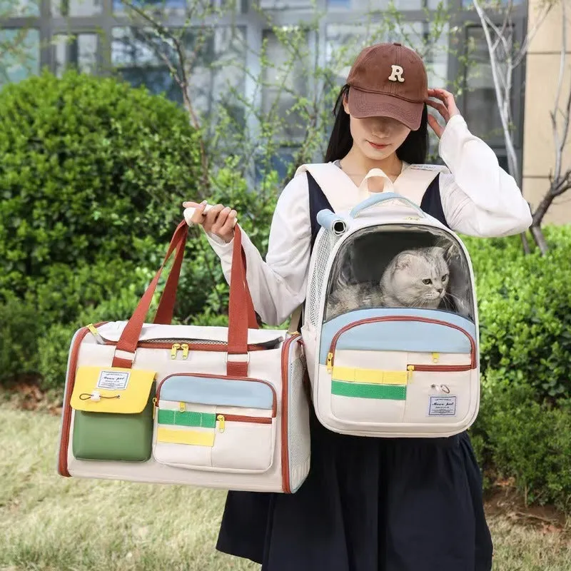 New fashion pet bag in Oxford cloth with colour-matching pattern, shown as a backpack and handbag for cats and dogs