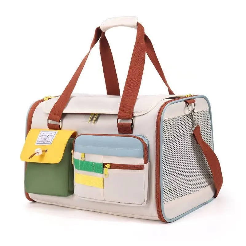 New fashion pet bag in Oxford cloth with colour-matching pattern, shown as a backpack and handbag for cats and dogs