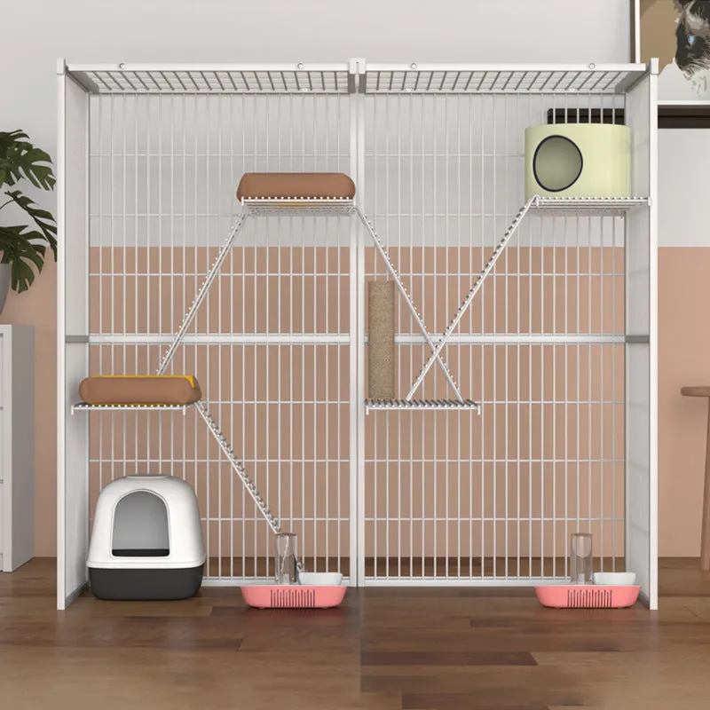 Indoor cat cage three-layer iron construction 142x54x130cm with cat inside white finish