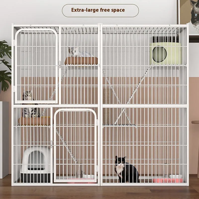 Indoor cat cage three-layer iron construction 142x54x130cm with cat inside white finish