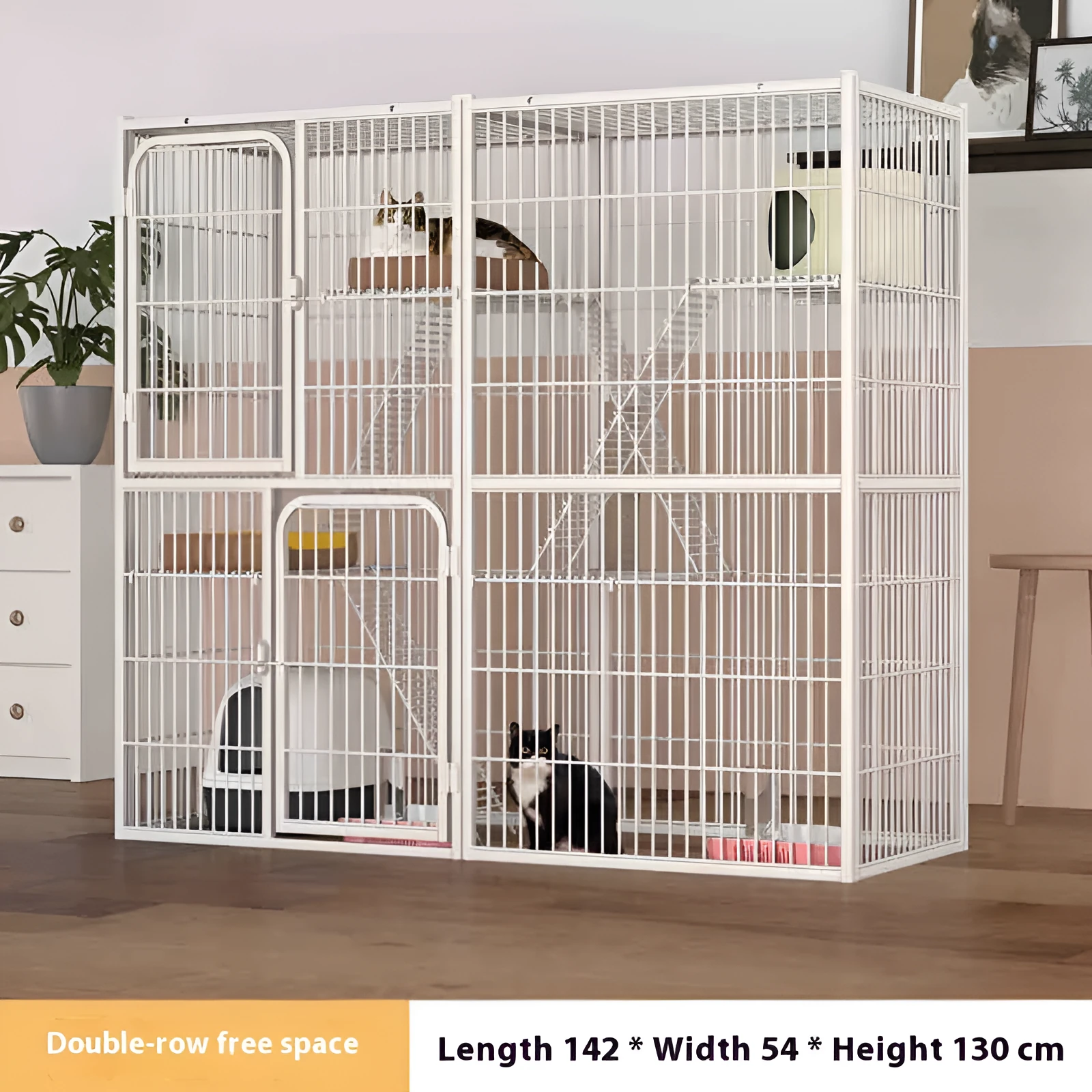 Indoor cat cage three-layer iron construction 142x54x130cm with cat inside white finish