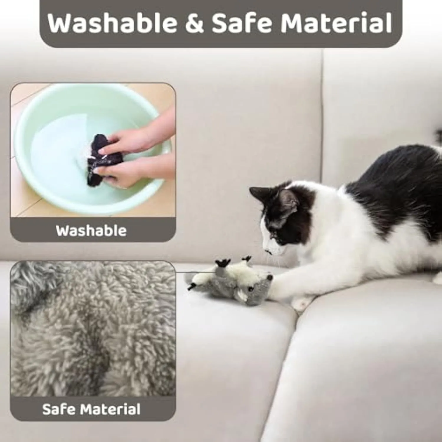 Grey flapping squirrel cat toy with USB charging cable on a plain background