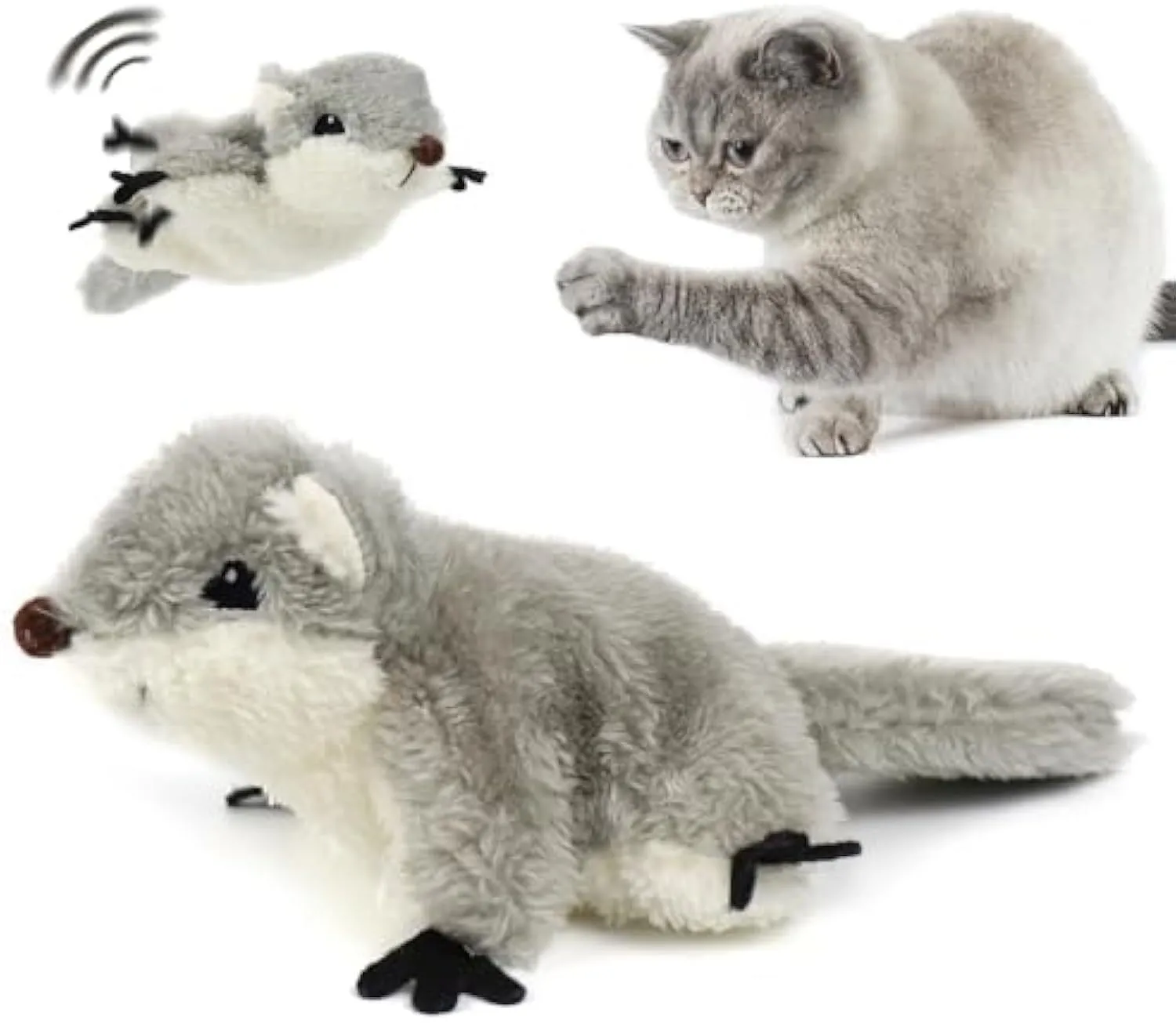 Grey flapping squirrel cat toy with USB charging cable on a plain background