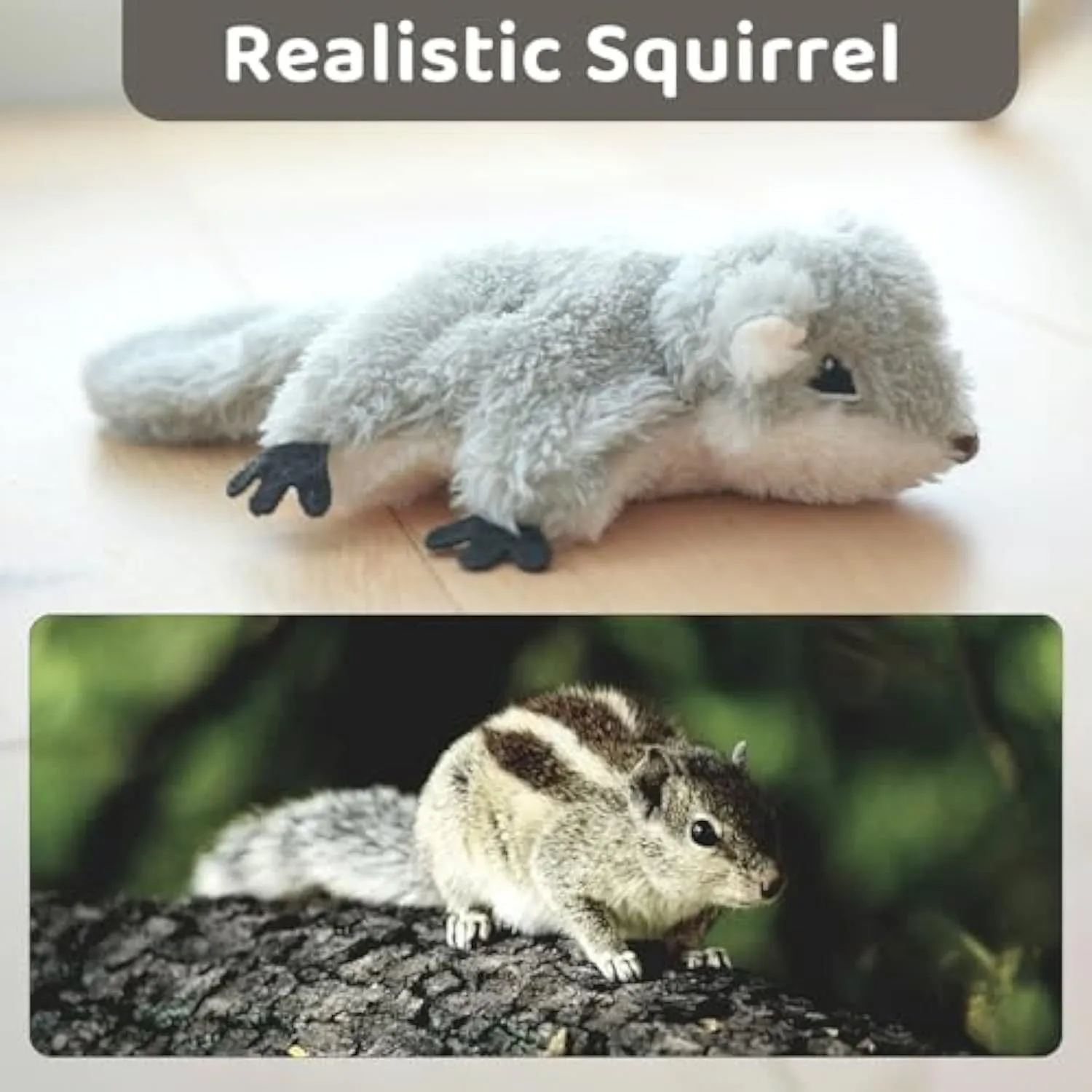 Grey flapping squirrel cat toy with USB charging cable on a plain background