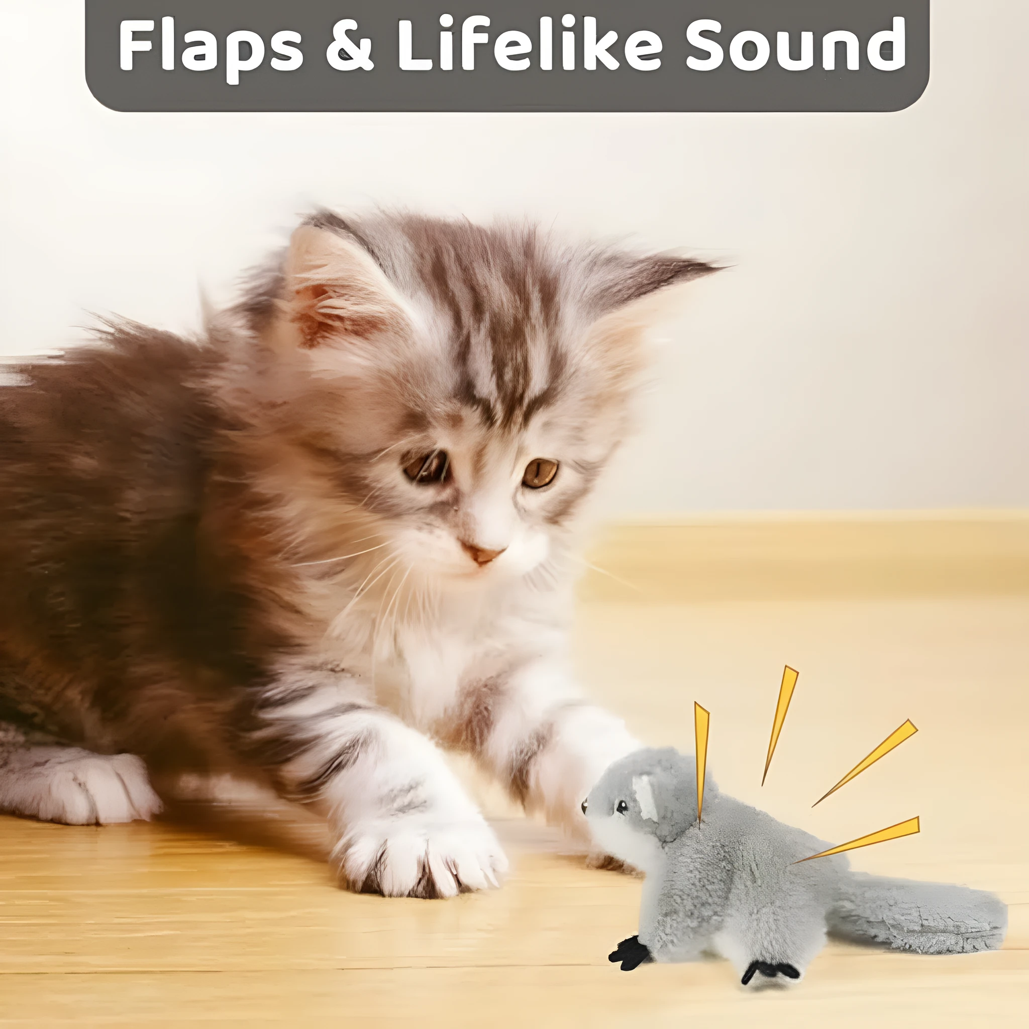 Grey flapping squirrel cat toy with USB charging cable on a plain background
