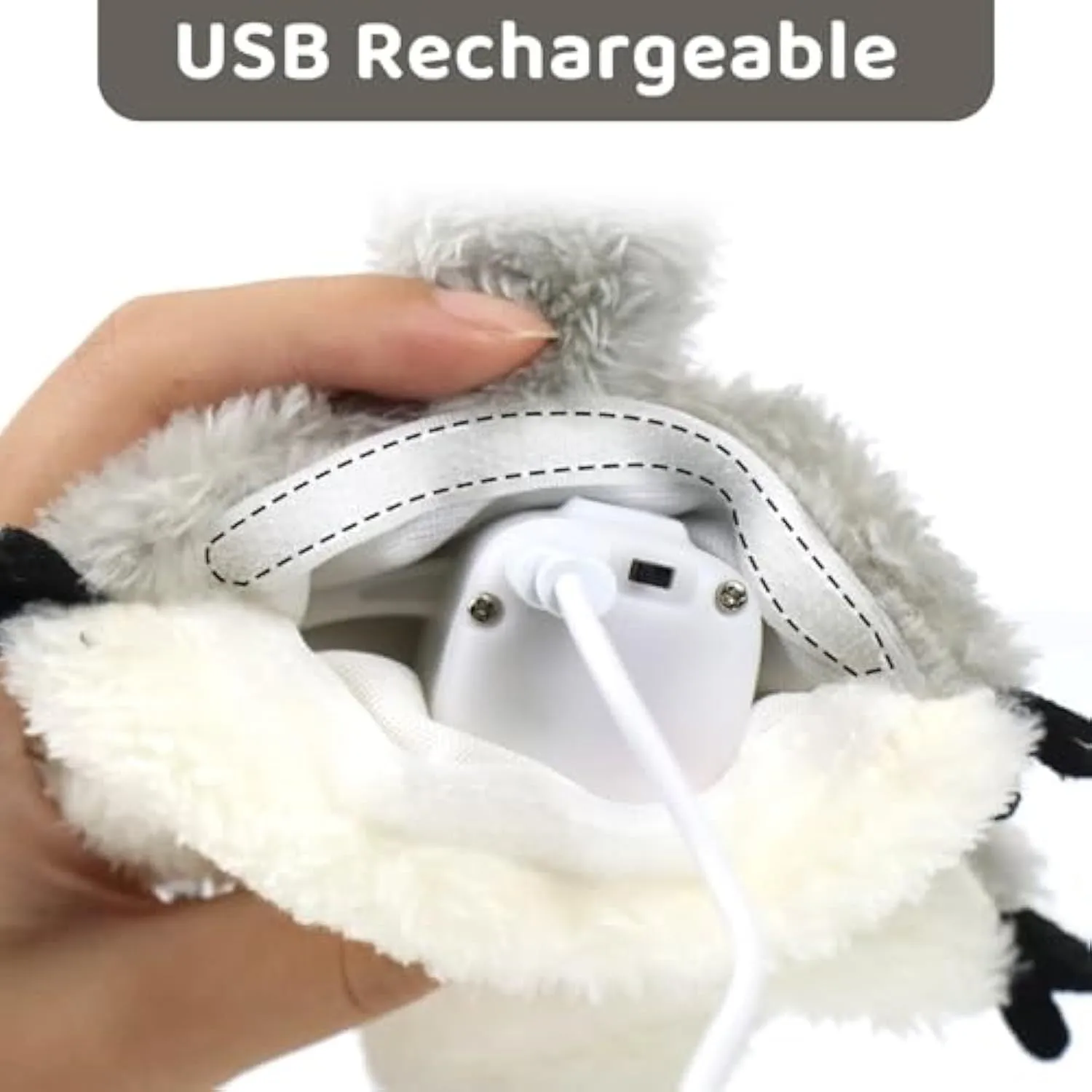 Grey flapping squirrel cat toy with USB charging cable on a plain background
