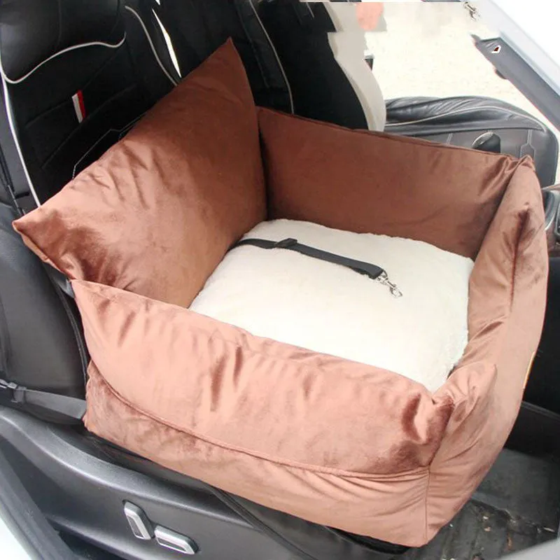 Teddy car mat pet safety seat cushion in cloth, coffee colour, with cushioned padding for dogs and cats
