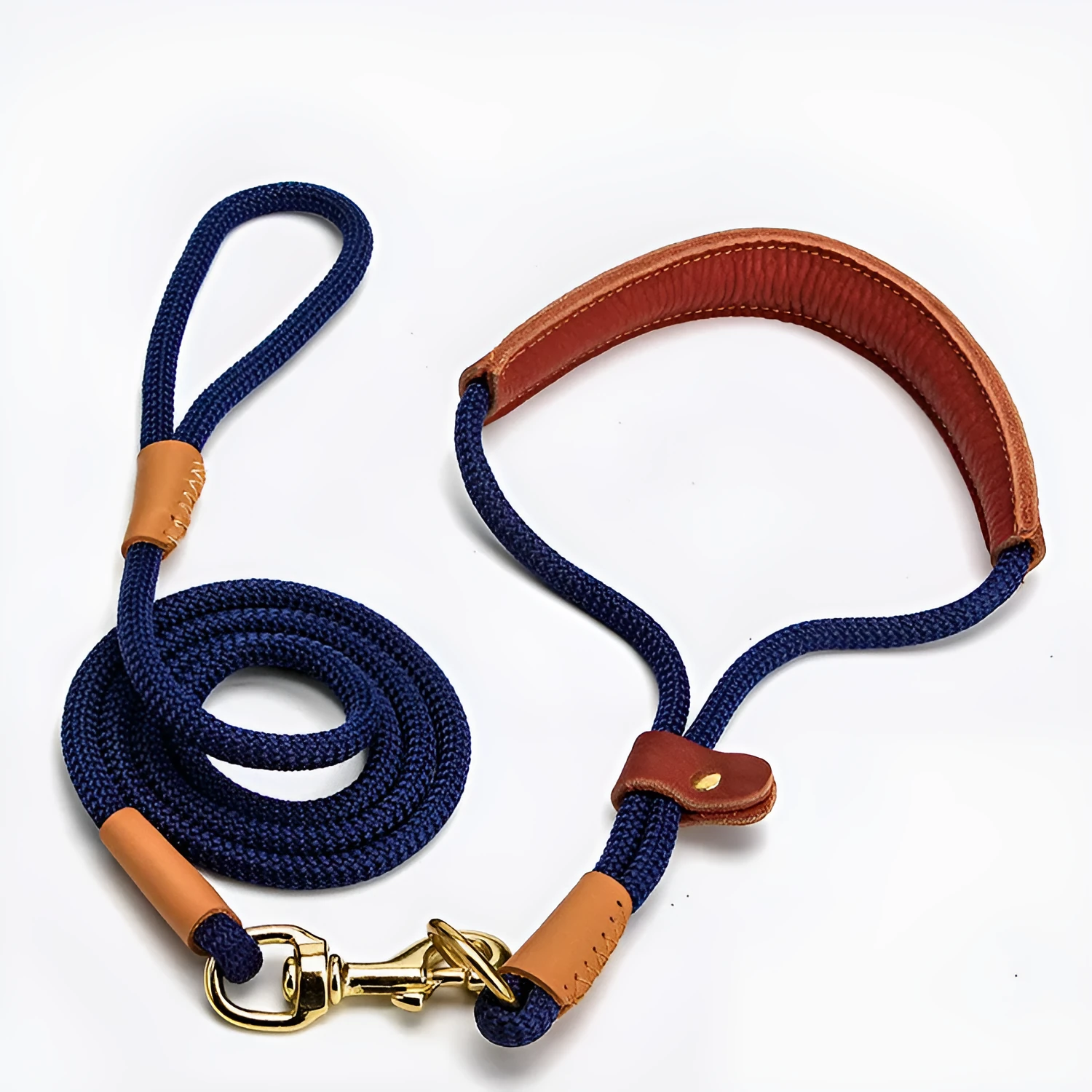 Lightweight blue nylon dog leash with metal clip on a white background.