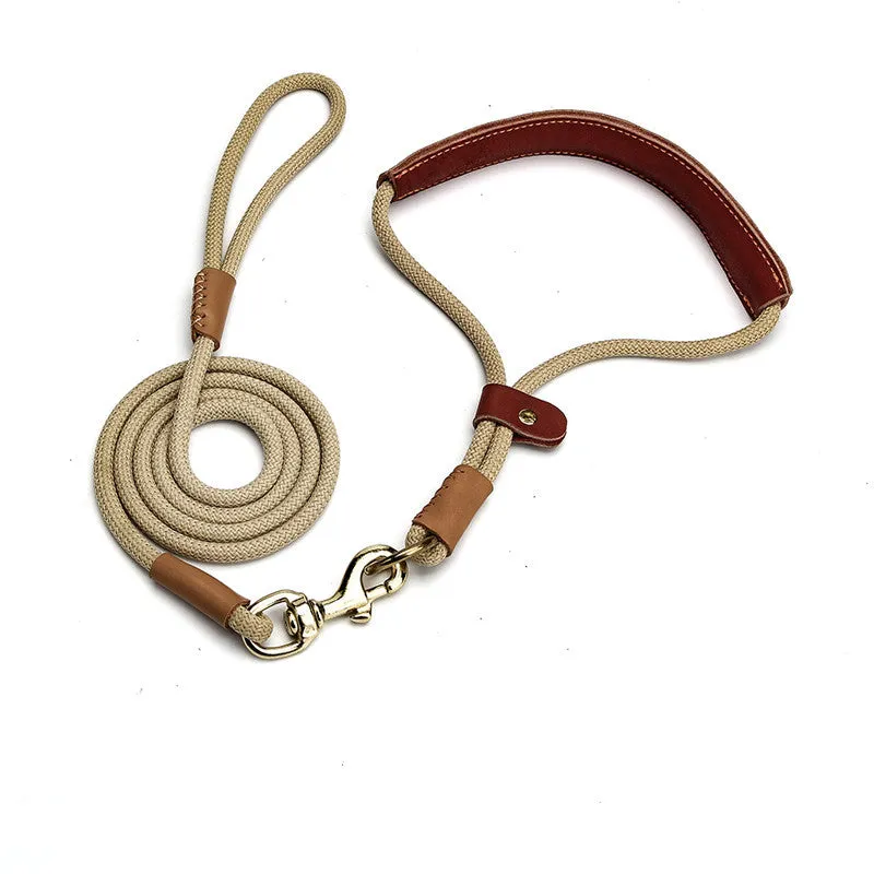 Lightweight blue nylon dog leash with metal clip on a white background.
