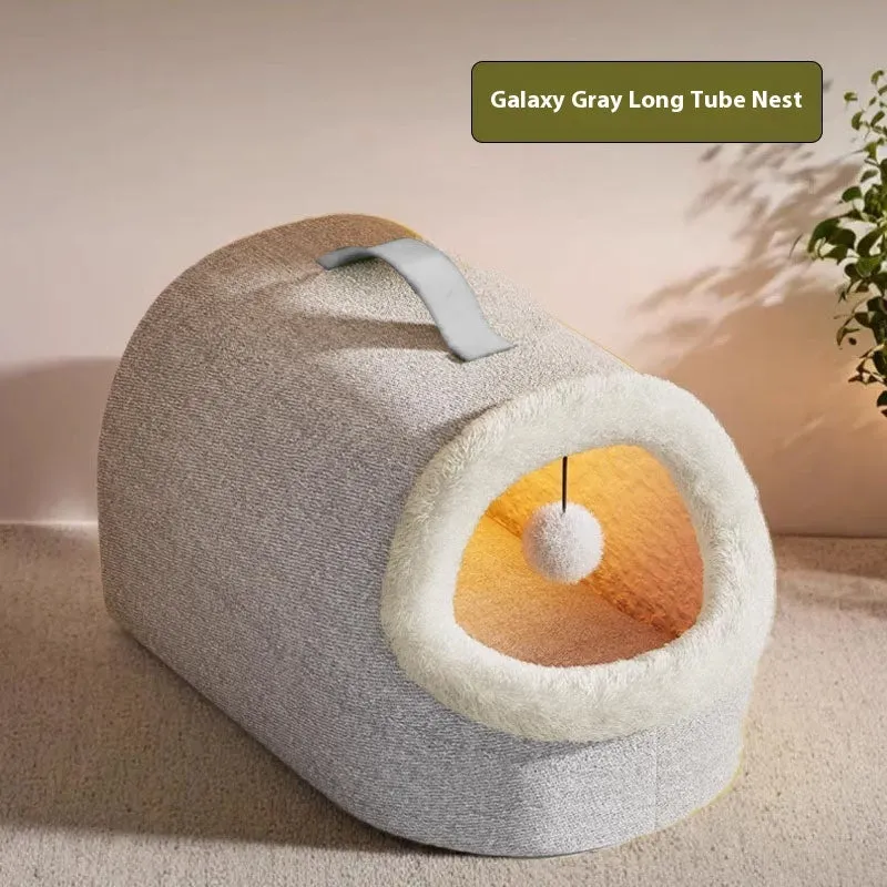 Winter warm closed cat nest in matcha green, plush material, long tube design, 42x28x28cm medium size