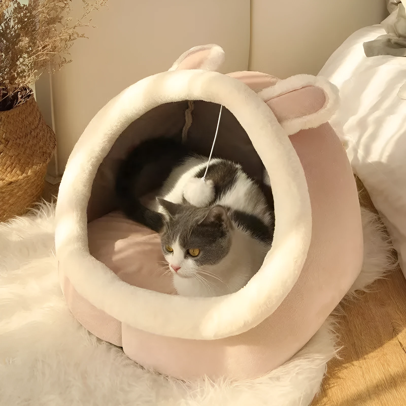 Light gray Totoro semi-closed pet bed with upgrade thickening for small cats placed indoors