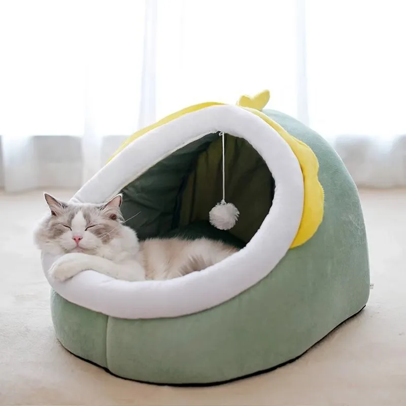 Light gray Totoro semi-closed pet bed with upgrade thickening for small cats placed indoors