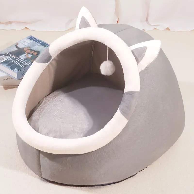 Light gray Totoro semi-closed pet bed with upgrade thickening for small cats placed indoors