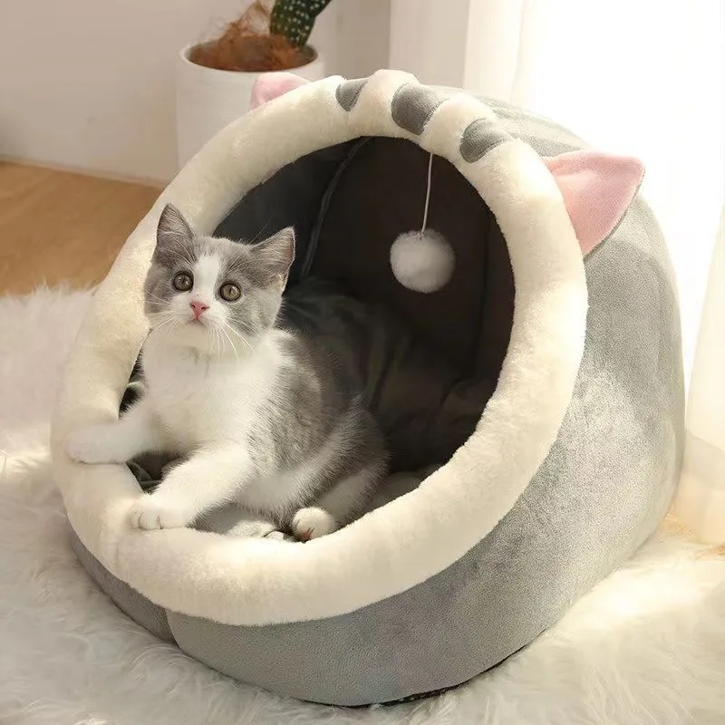 Light gray Totoro semi-closed pet bed with upgrade thickening for small cats placed indoors