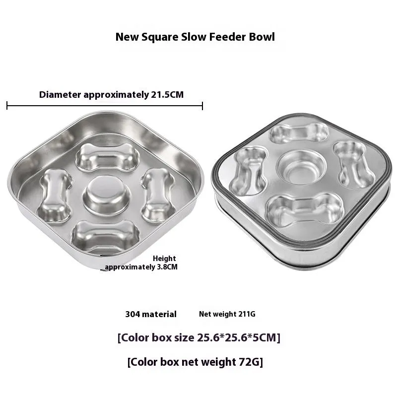 Pet square stainless steel slow feeding bowl with obstacles, Bone Square style, on a floor