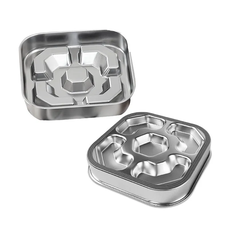 Pet square stainless steel slow feeding bowl with obstacles, Bone Square style, on a floor