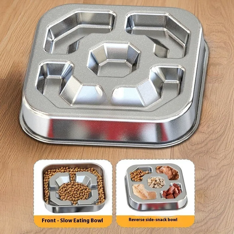 Pet square stainless steel slow feeding bowl with obstacles, Bone Square style, on a floor