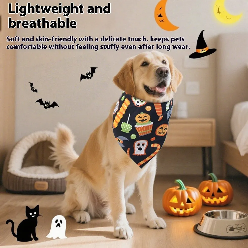 Halloween printed triangular pet bib in skull pattern on polyester fabric, average size
