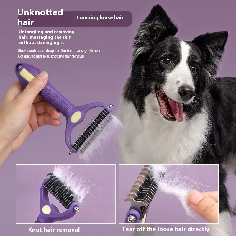 Purple double-sided plastic pet comb for detangling dog and cat fur.