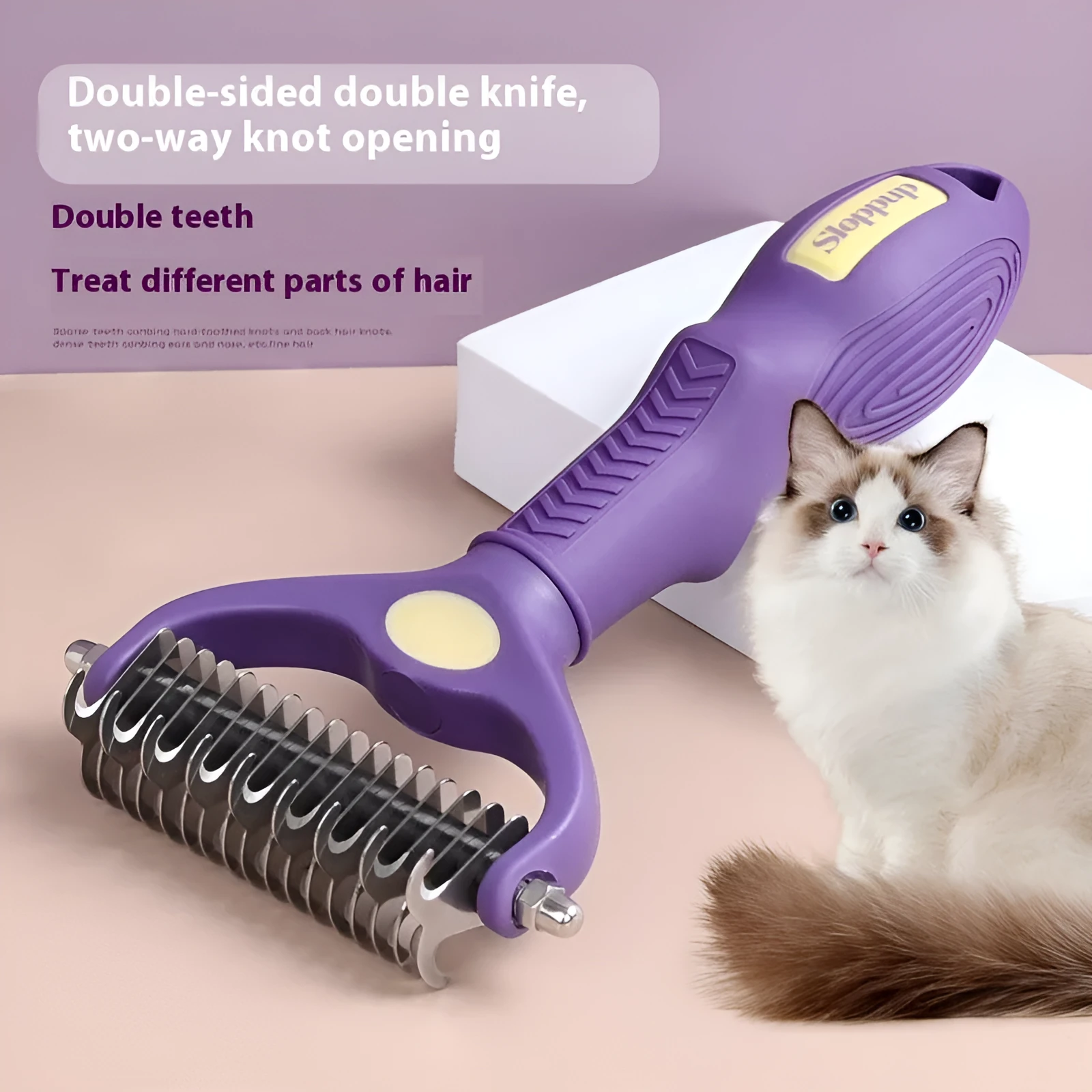 Purple double-sided plastic pet comb for detangling dog and cat fur.