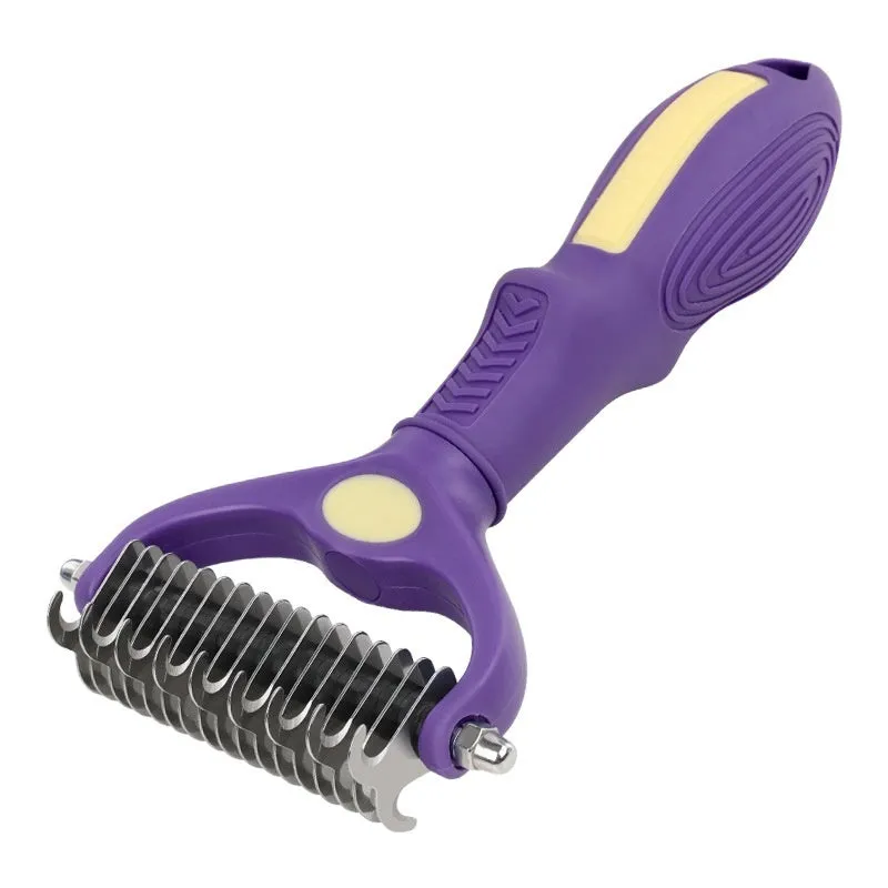 Purple double-sided plastic pet comb for detangling dog and cat fur.