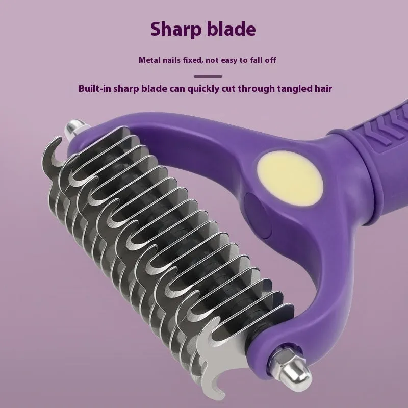 Purple double-sided plastic pet comb for detangling dog and cat fur.