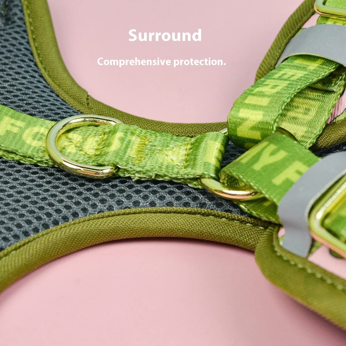 Adjustable polyester dog breast strap harness in Pink Avocado colour on a wooden surface