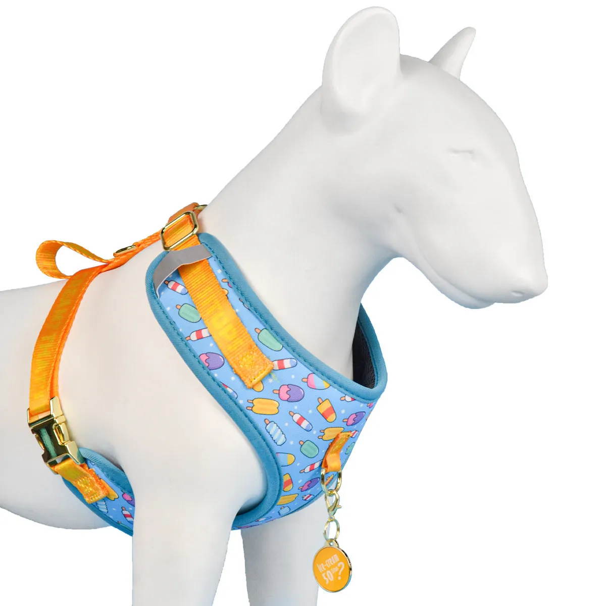 Adjustable polyester dog breast strap harness in Pink Avocado colour on a wooden surface