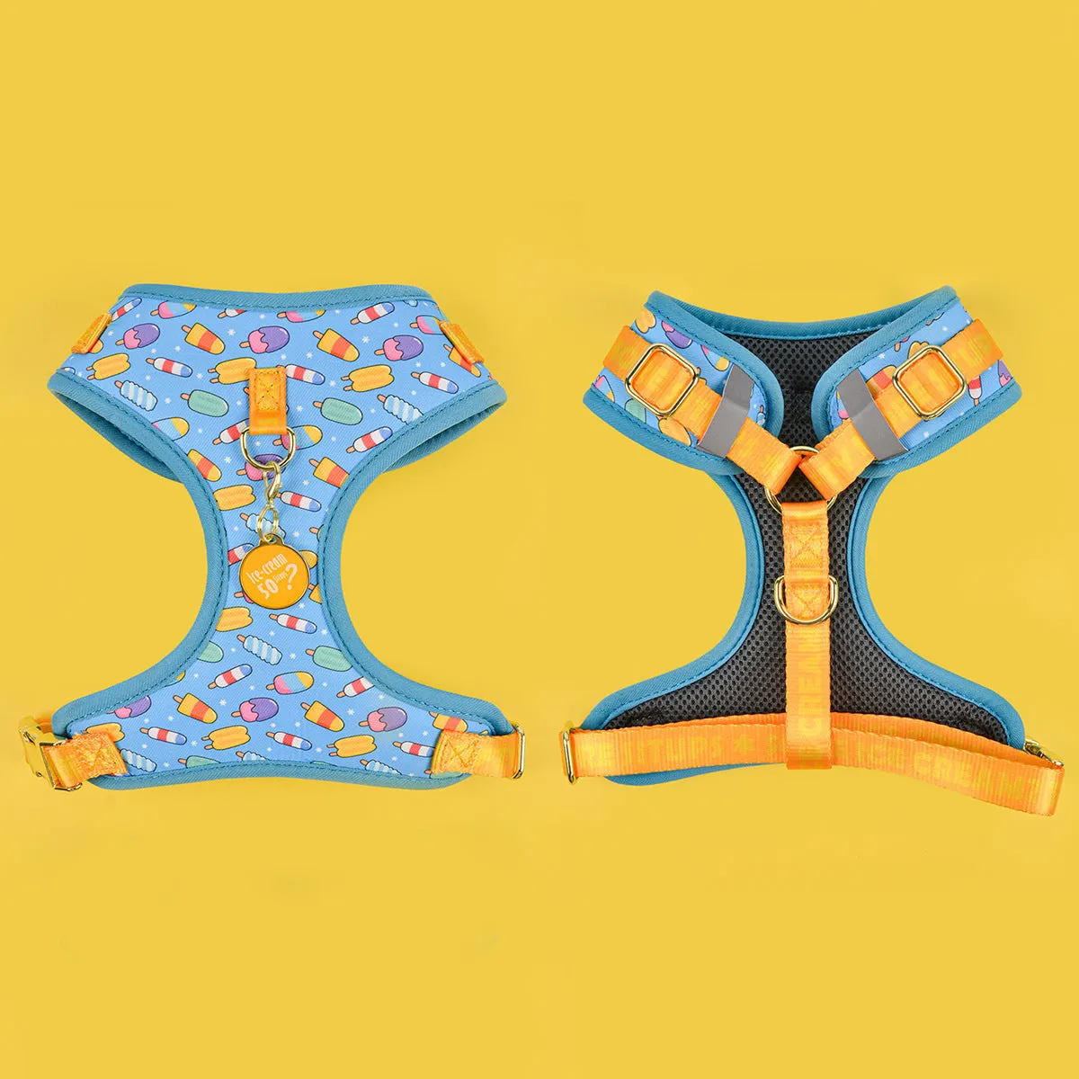 Adjustable polyester dog breast strap harness in Pink Avocado colour on a wooden surface