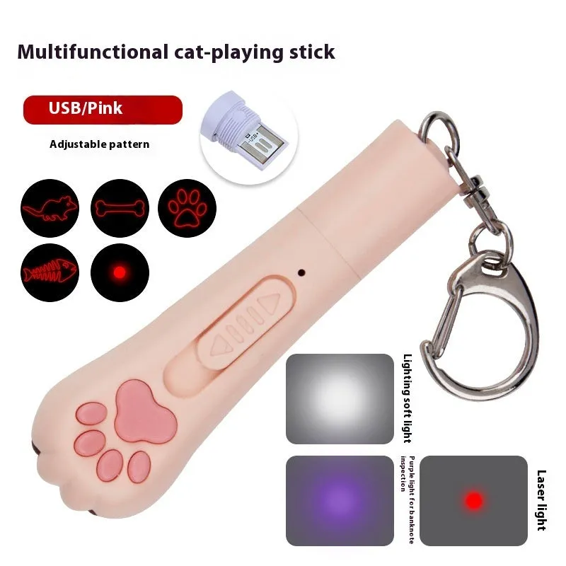 Plastic infrared cat teasing stick with rotating light, showing blue colour option