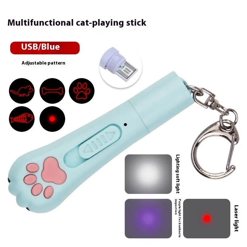 Plastic infrared cat teasing stick with rotating light, showing blue colour option