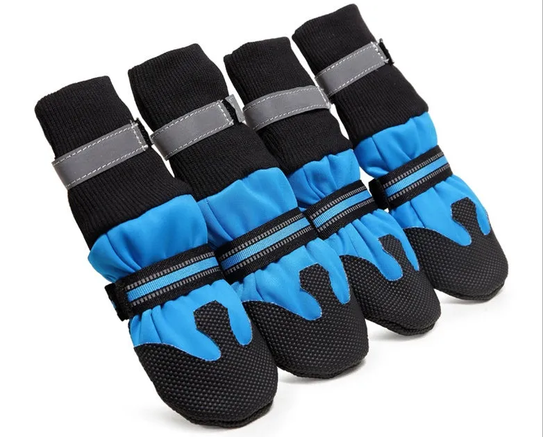 BIBSS waterproof dog boots for large dogs in blue with non-slip rubber sole and reflective velcro straps, set of 4 pieces