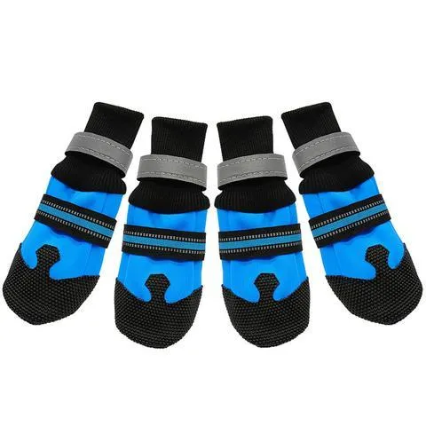 BIBSS waterproof dog boots for large dogs in blue with non-slip rubber sole and reflective velcro straps, set of 4 pieces