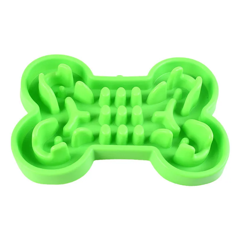 Bone puzzle silicone dog bowl slow feeder in blue with raised ridges for interactive feeding