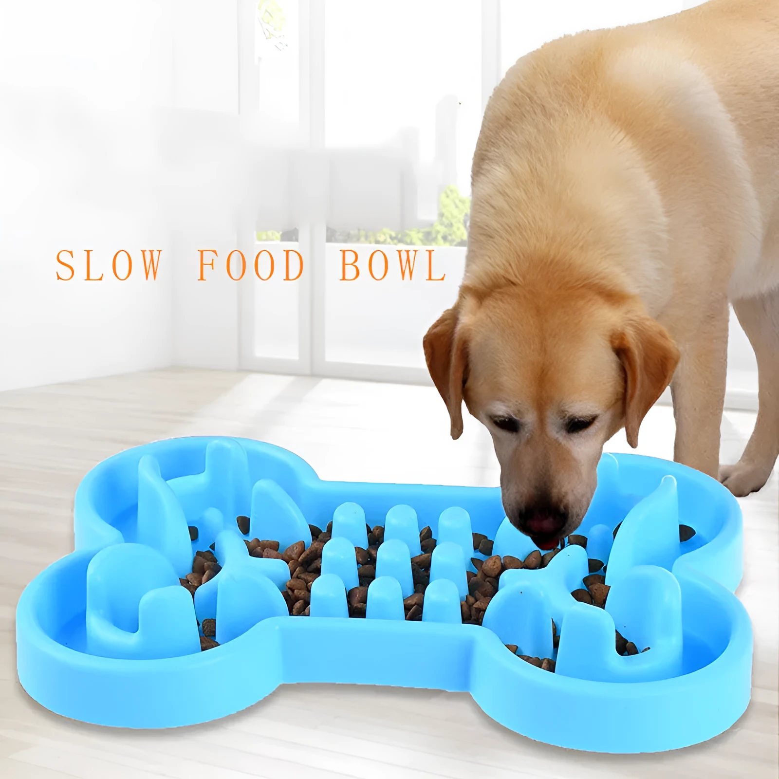 Bone puzzle silicone dog bowl slow feeder in blue with raised ridges for interactive feeding