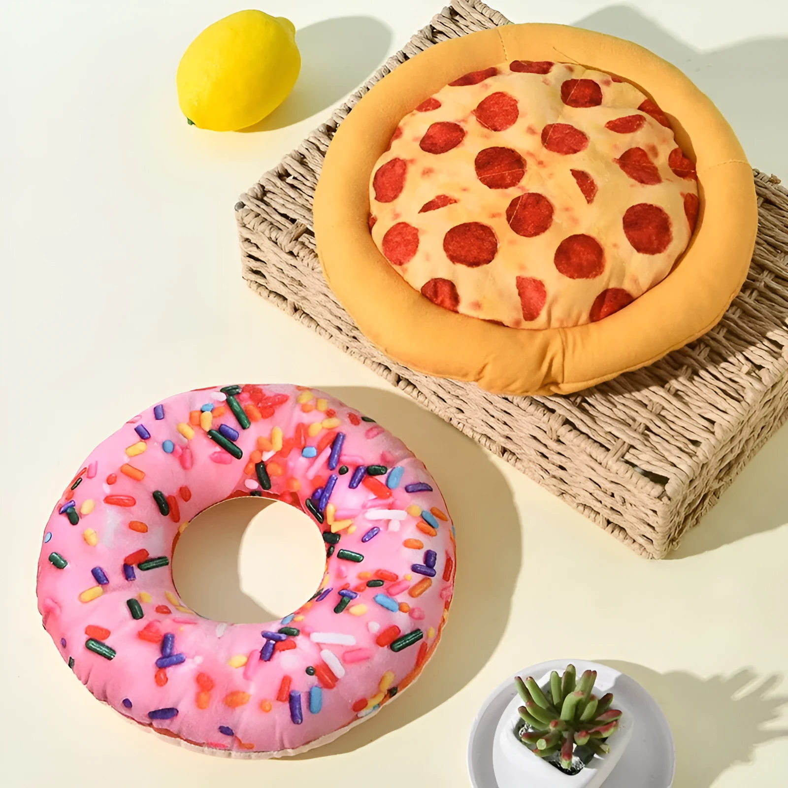 Polyester pet dog bite toy in Donut Pizza and Shrimp styles for small and medium dogs