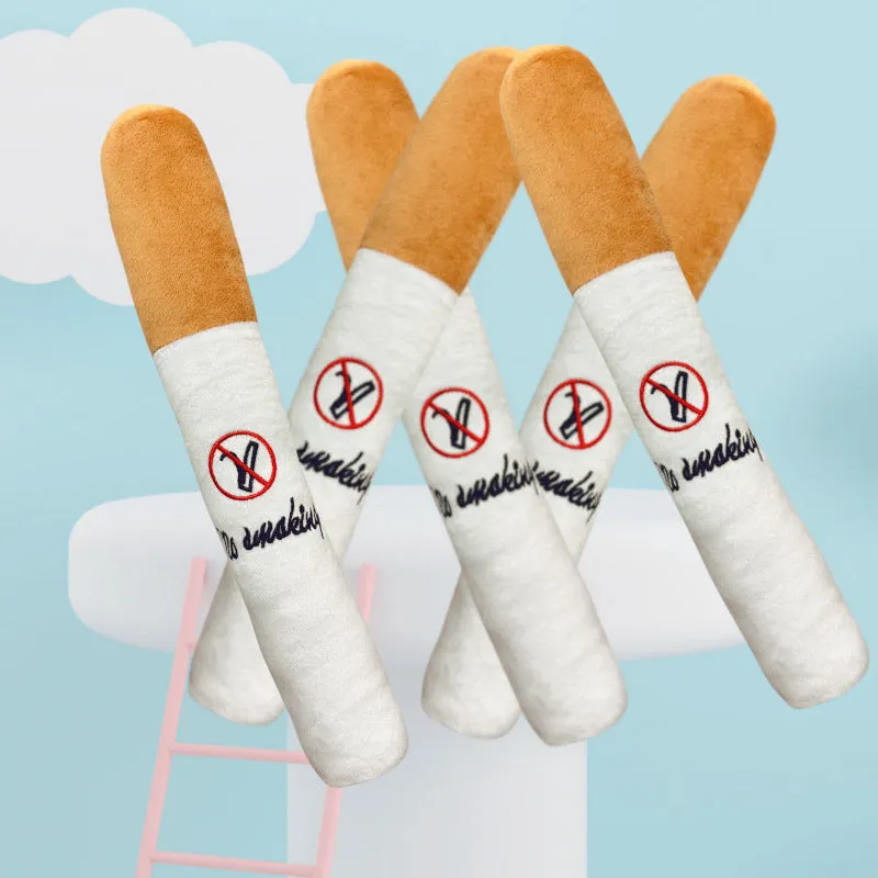 White plush cigarette shaped pet toy with squeaky sounder for cats and dogs