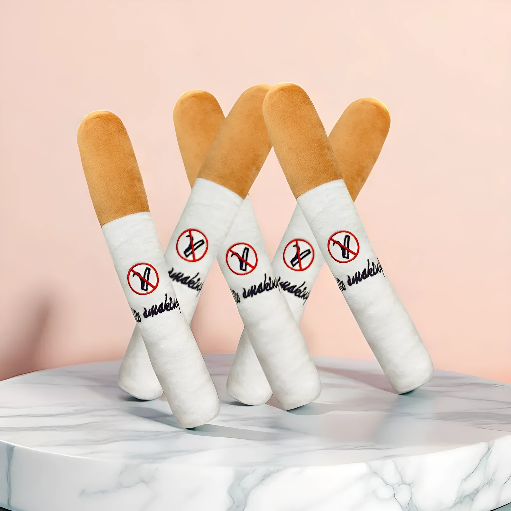 White plush cigarette shaped pet toy with squeaky sounder for cats and dogs
