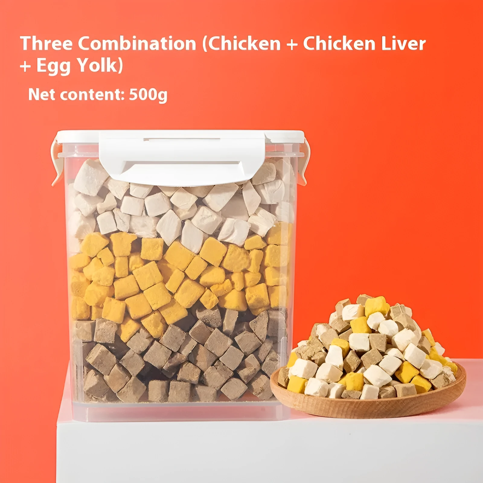 Freeze-dried dog snacks in a resealable bag, assorted chicken egg yolk and duck varieties, 500g net weight