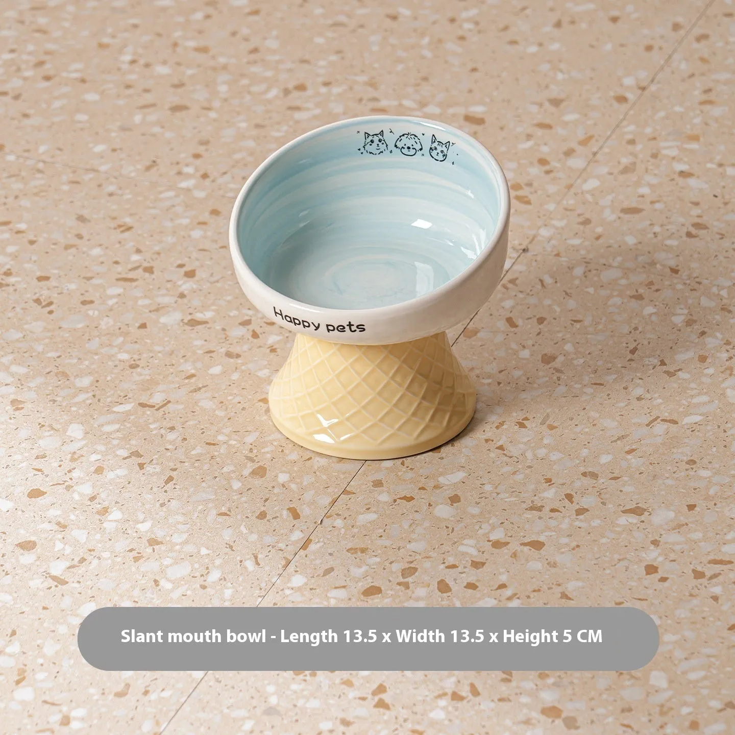 Ceramic high foot cat bowl in blue with hand-painted finish, flat mouth shape for cat drinking water or snacks
