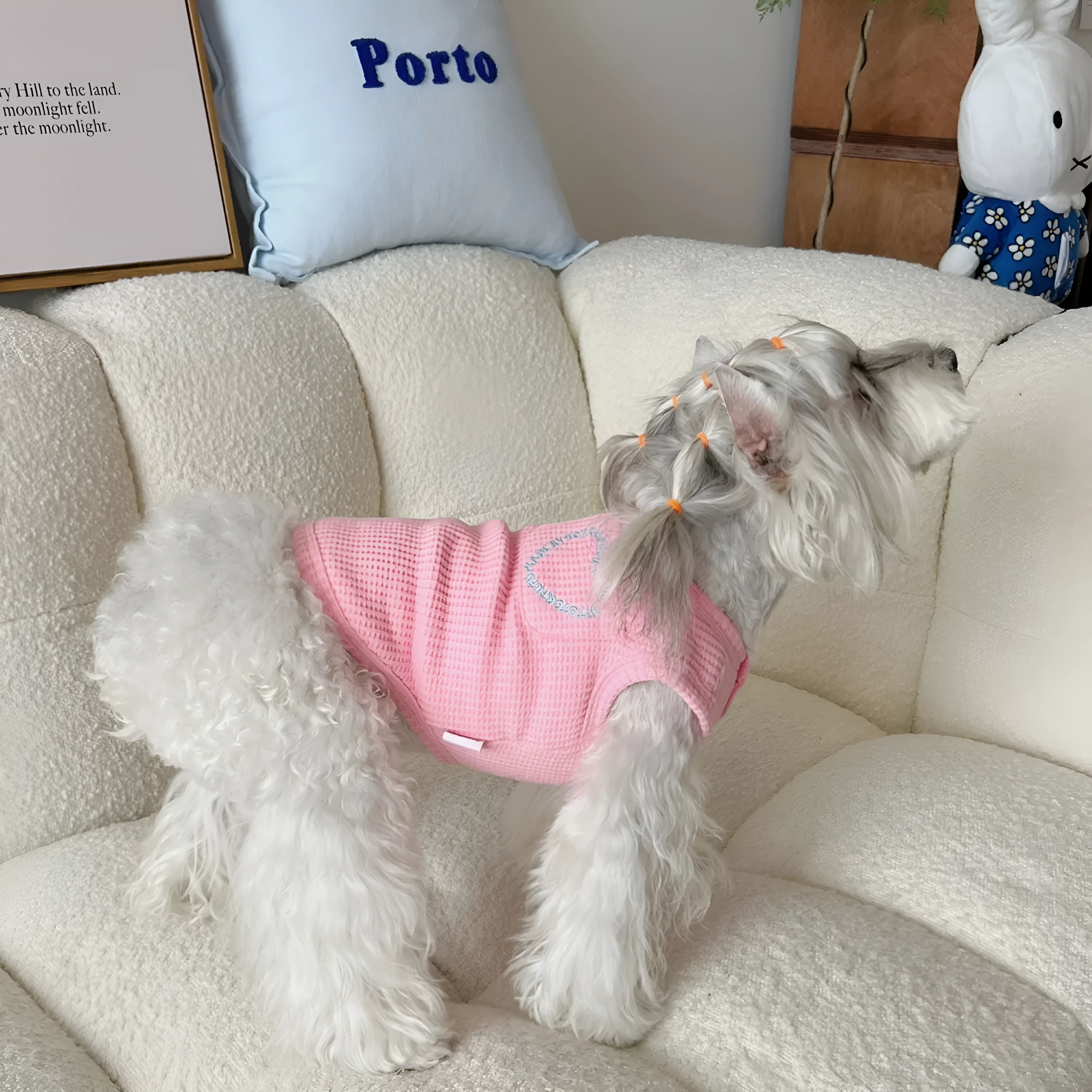 Lightweight polyester summer dog vest in oat grey, side view on a small dog