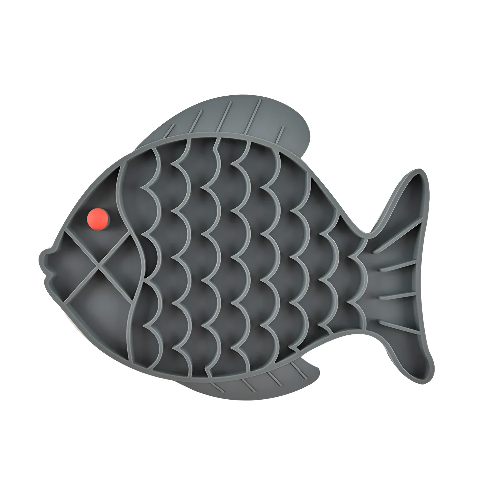 Fish-shaped silicone slow food plate for dogs in blue colour on white background