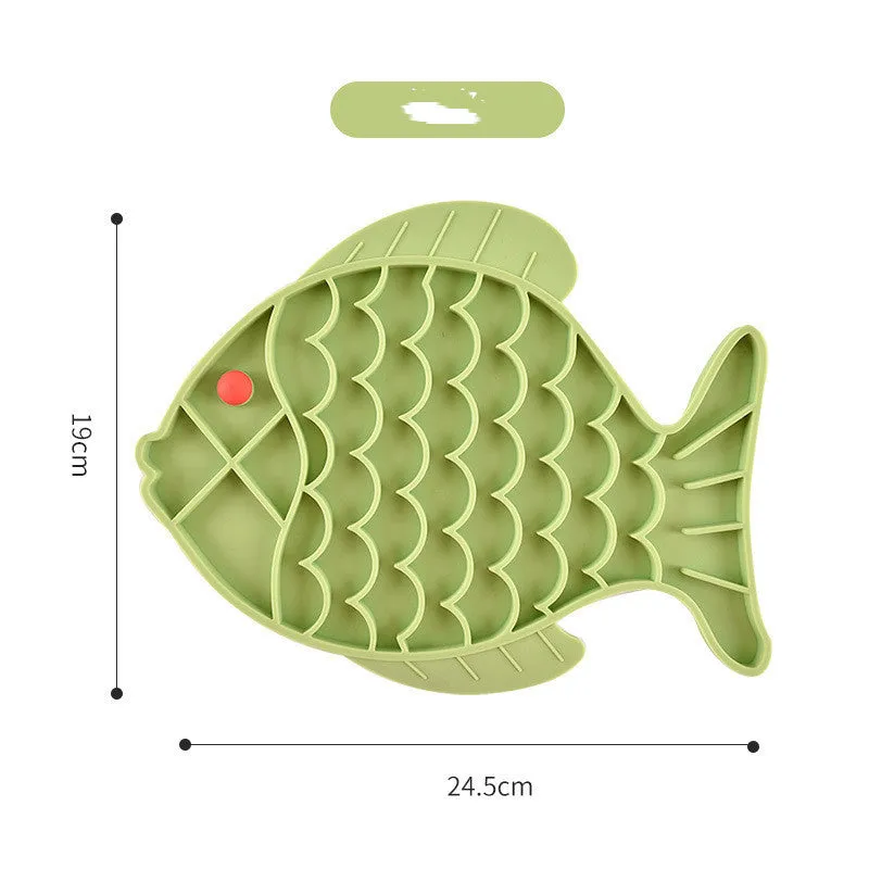 Fish-shaped silicone slow food plate for dogs in blue colour on white background