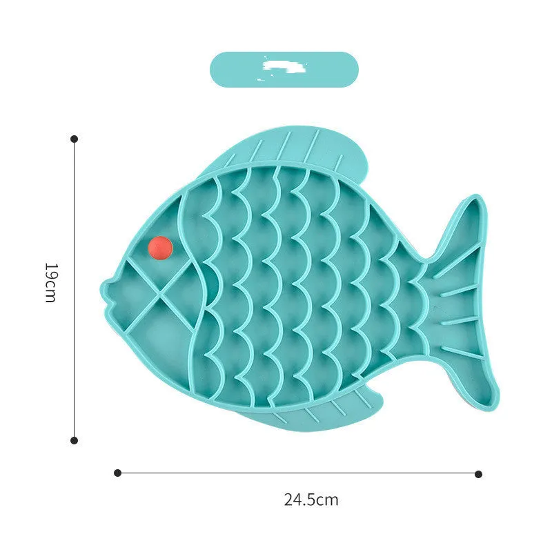 Fish-shaped silicone slow food plate for dogs in blue colour on white background