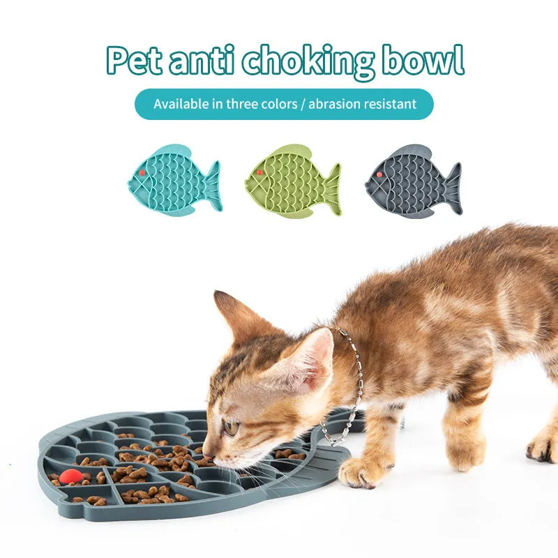 Fish-shaped silicone slow food plate for dogs in blue colour on white background