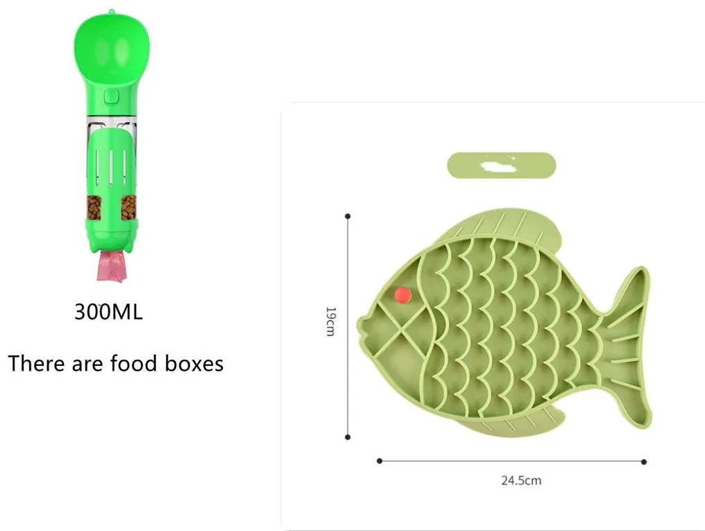 Fish-shaped silicone slow food plate for dogs in blue colour on white background