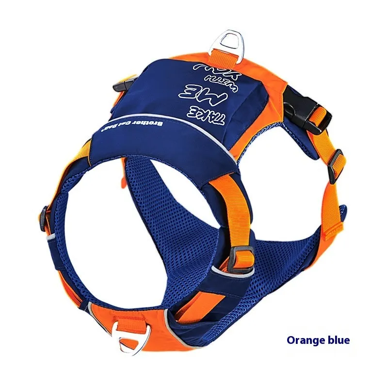 Nylon dog chest strap vest harness in orange blue or yellow brown with hand rope style design