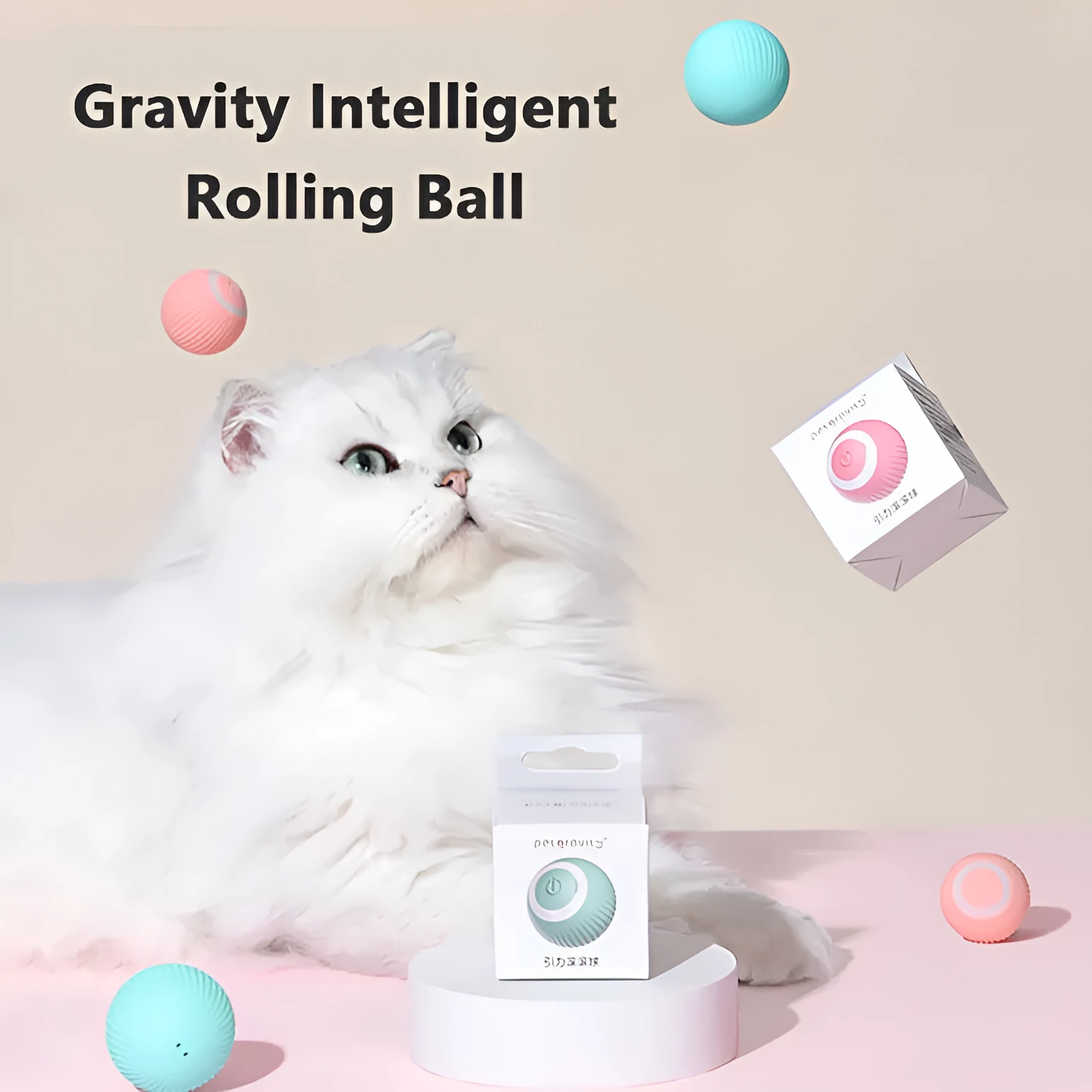 Cat Gravity 43mm plastic rolling ball toy with bionic motion and obstacle avoidance for cats on a hard floor