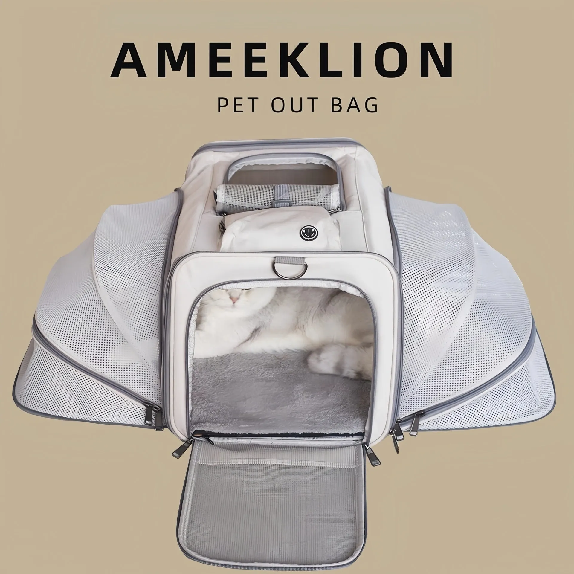 Outdoor portable breathable large capacity Oxford cloth pet bag in beige for cats