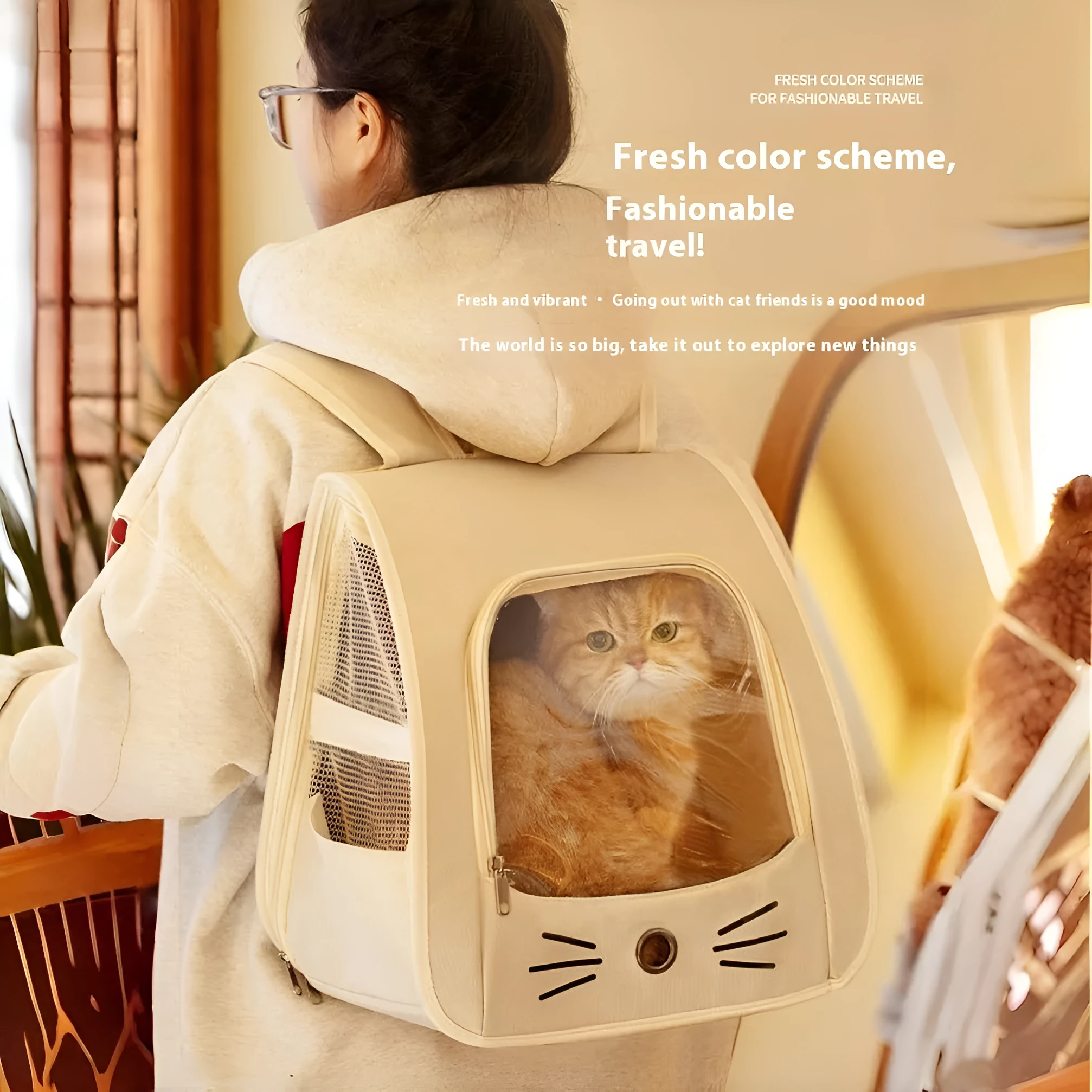 Multi-purpose folding pet bag in Oxford cloth with animal pattern, available in Beige colour